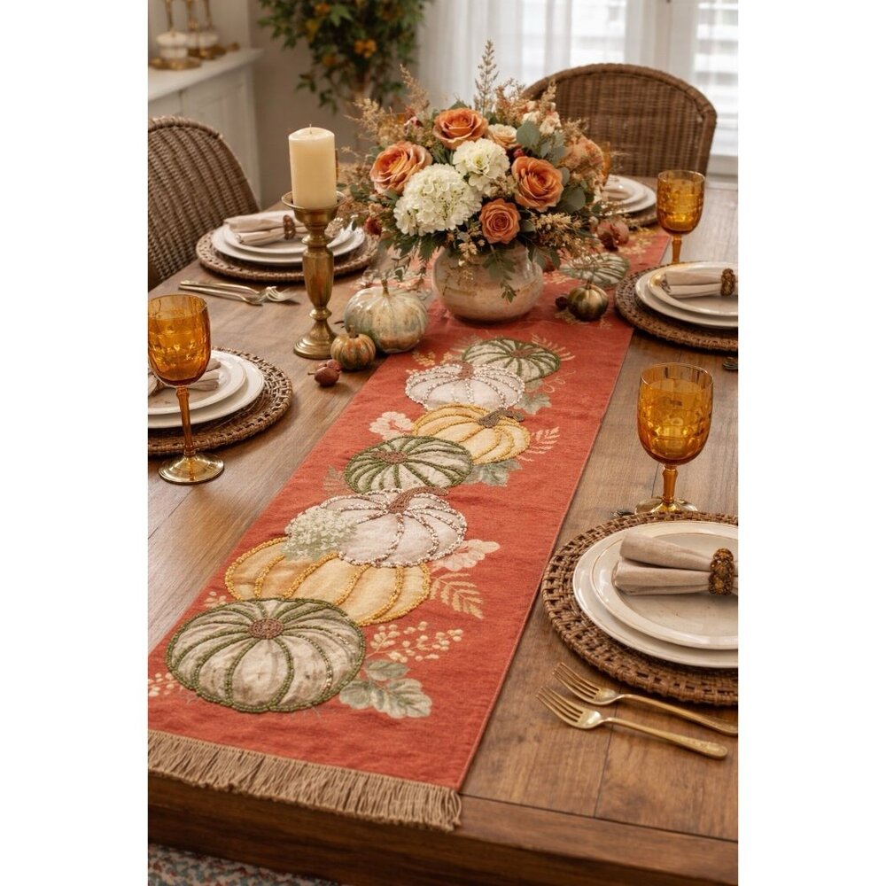 Cynthia Rowley Table Runner Beaded Pumpkins Fringe Neutrals 72x15.5